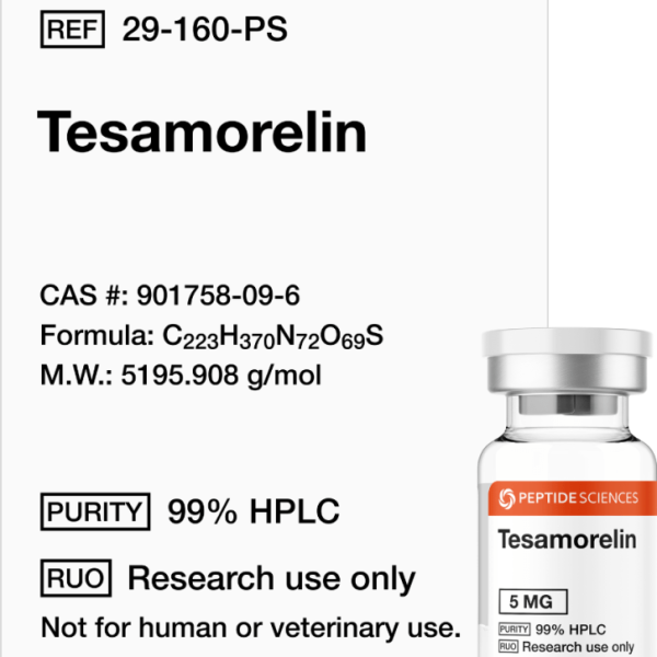 Professional 5mg Tesamorelin vial featuring the USA PEPTIDE SCIENCES laboratory label.