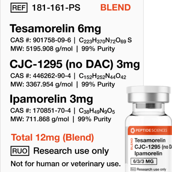 Premium triple-peptide GH secretagogue blend 12mg vial packaging from USA PEPTIDE SCIENCES advanced laboratory research series