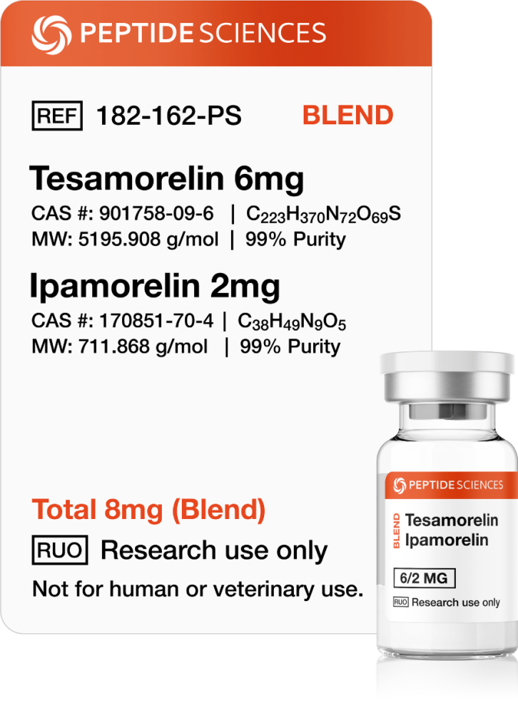 Tesamorelin, Ipamorelin 8mg (Blend) USA PEPTIDE SCIENCES Tesamorelin Ipamorelin 8mg blend lyophilized dual-peptide research vial