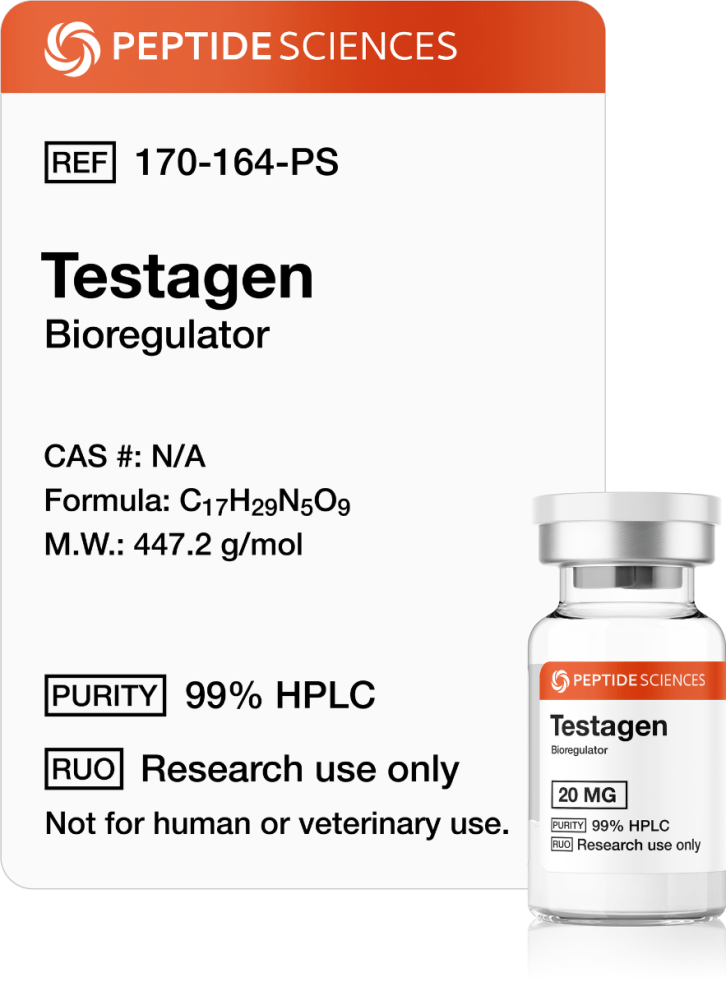 Testagen 20mg (Bioregulator) Premium high-yield Testagen 20mg testicular peptide bioregulator vial packaging from USA PEPTIDE SCIENCES laboratory series