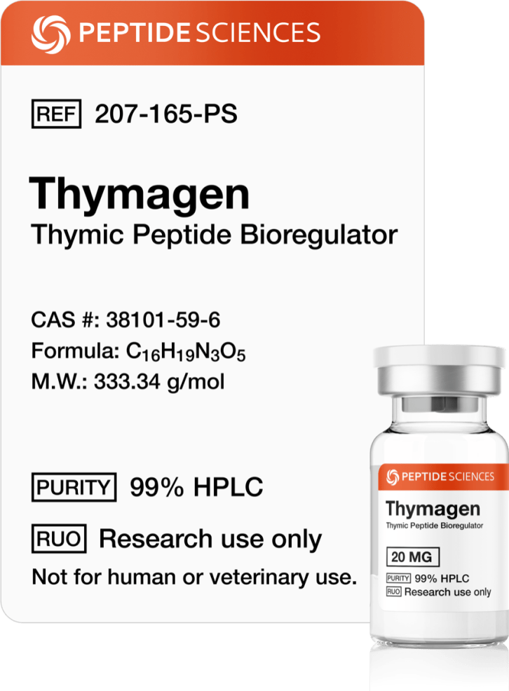 Thymagen (Thymogen) 20mg USA PEPTIDE SCIENCES Thymagen Thymogen 20mg lyophilized thymic dipeptide research vial on white background