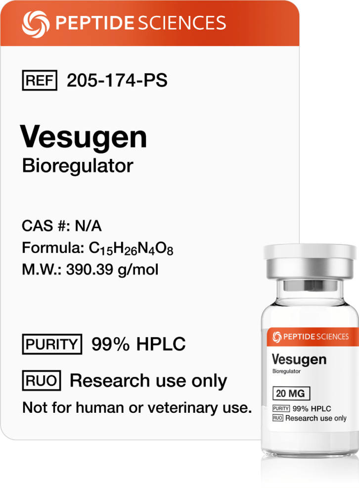 Vesugen 20mg (Bioregulator) Vesugen bioregulator vial displayed in a clean scientific laboratory setting