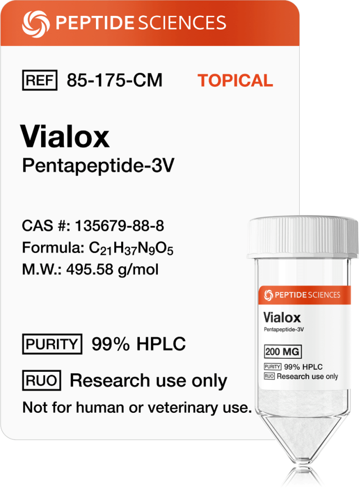 Vialox (Pentapeptide-3V) 200mg (Topical) Vialox Pentapeptide-3V packaging for laboratory cosmetic research use
